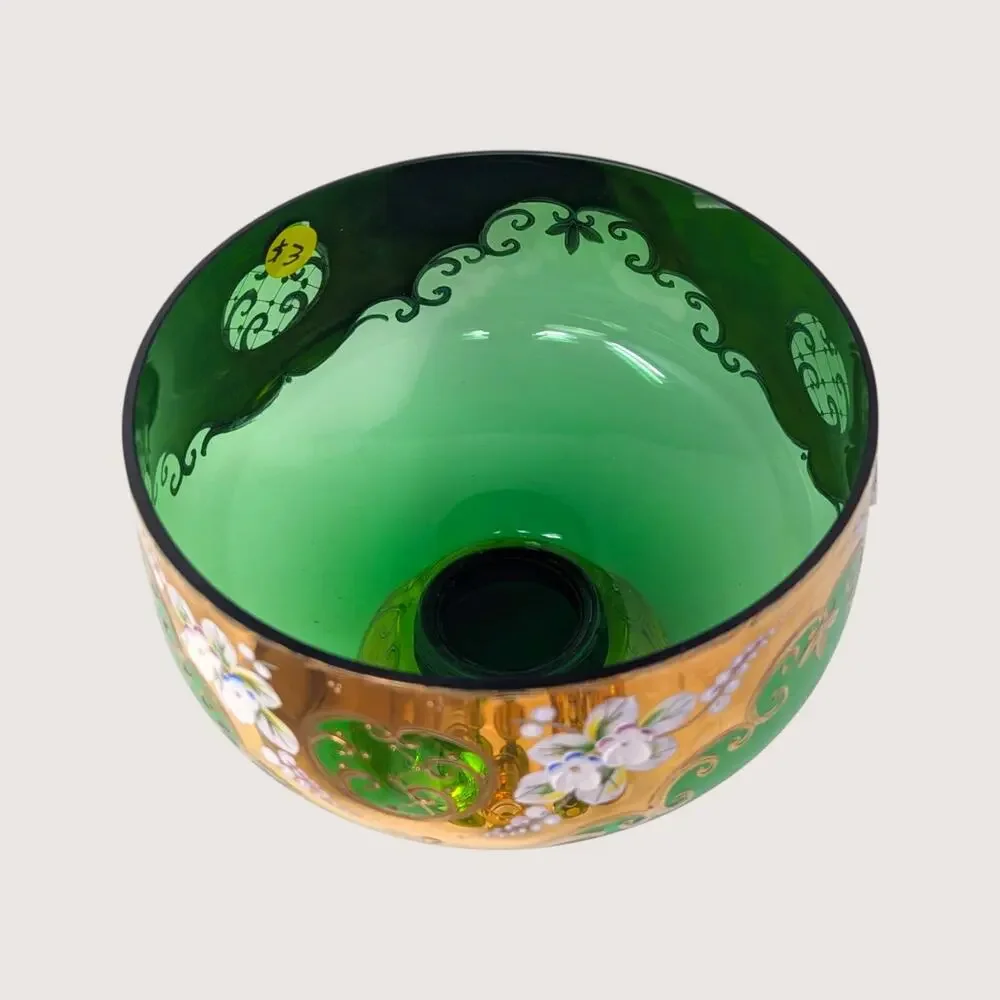 1960s Bohemian Green Glass High Enamel Gold Trim Bowl Cordial Set